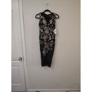 Donna Ricco Black Gold Sequin Floral V-Neck Sheath Cocktail Dress DR50442 Size 4